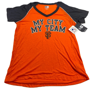 New Era MBL San Fransisco Giants Womens V Neck Orange Graphic Tee Size Medium